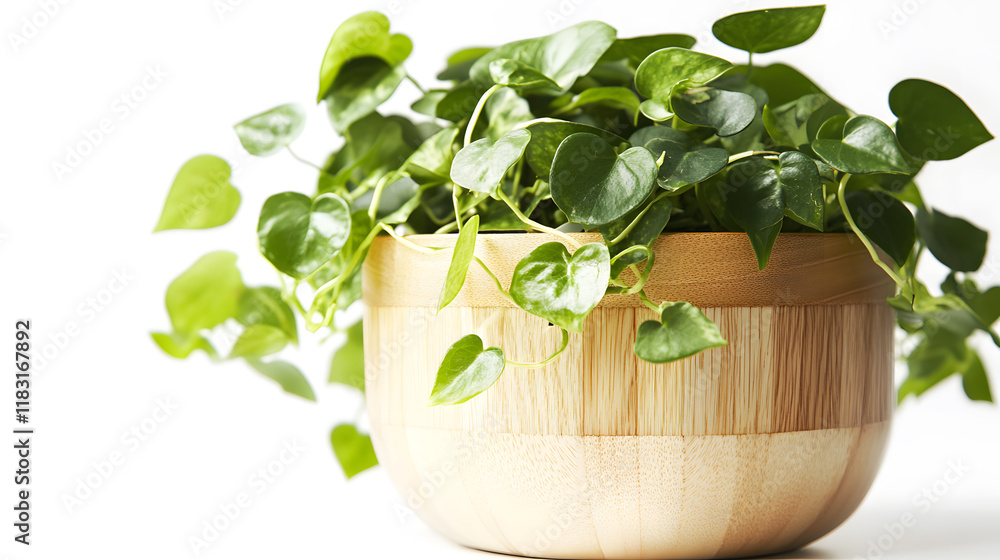Heartleaf philodendron in a light brown bamboo planter. Lush green foliage spills over the sides of the pot, creating a vibrant and natural aesthetic. Heartleaf philodendron in a light brown bamboo planter. Lush green foliage spills over the sides of the pot, creating a vibrant and natural aesthetic.