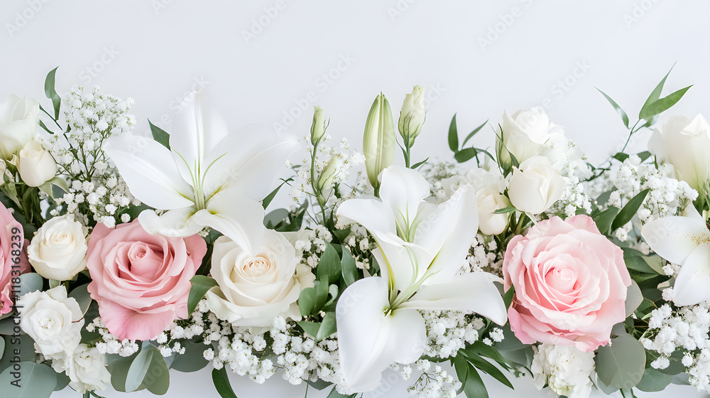 Obraz premium Elegant floral arrangement featuring white lilies, pink and white roses, and baby's breath. Perfect for weddings, events, or home decor. Soft, romantic aesthetic.