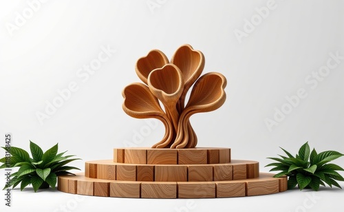 A minimalist sculptural piece featuring a stylized wooden flower with multiple leaves emerging from a circular base, showcasing intricate wood grain and meticulous craftsmanship. photo