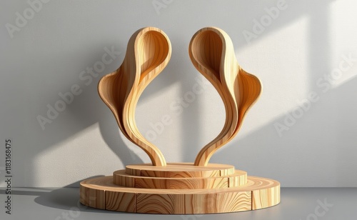 A minimalist sculptural piece featuring a stylized wooden flower with multiple leaves emerging from a circular base, showcasing intricate wood grain and meticulous craftsmanship. photo