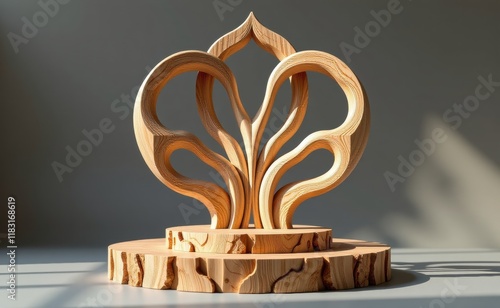 A minimalist sculptural piece featuring a stylized wooden flower with multiple leaves emerging from a circular base, showcasing intricate wood grain and meticulous craftsmanship. photo