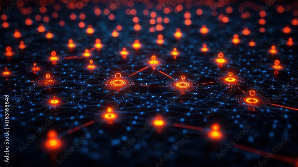 Obraz premium A digital network visualization with glowing nodes and connections, representing data flow and communication.