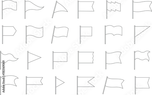 Set of black flag icons. Line waving flag icons. Different flag isolated on transparent background. Vector illustration.