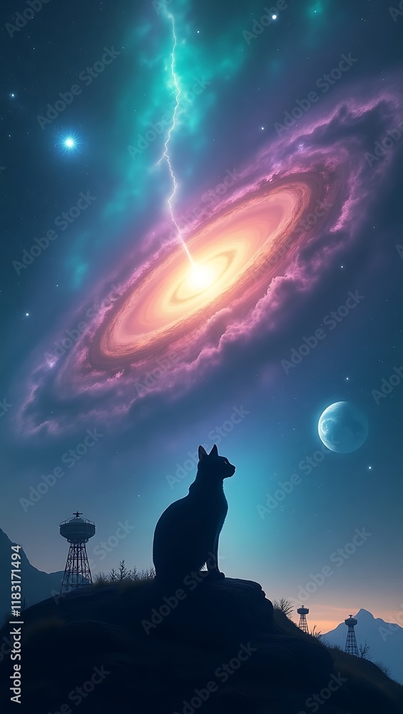 Silhouette of a Cat Gazing at a Vibrant Cosmic Sky with Moon and Stars, Stunning Starry Galaxy Background Perfect for Phone Wallpaper Silhouette of a Cat Gazing at a Vibrant Cosmic Sky with Moon and Stars, Stunning Starry Galaxy Background Perfect for Phone Wallpaper