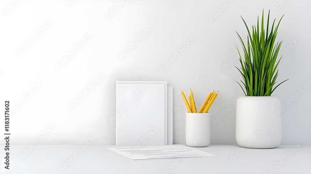 Minimalist Workspace with Green Plant, Office Supplies, and Papers Minimalist Workspace with Green Plant, Office Supplies, and Papers