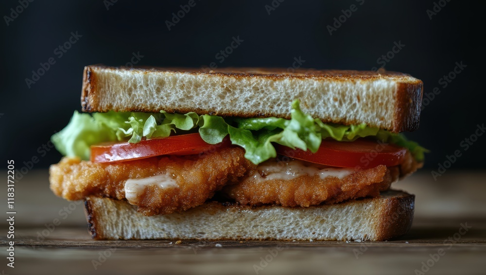 Fried chicken katsu sando sandwich with lettuce and tomato Fried chicken katsu sando sandwich with lettuce and tomato