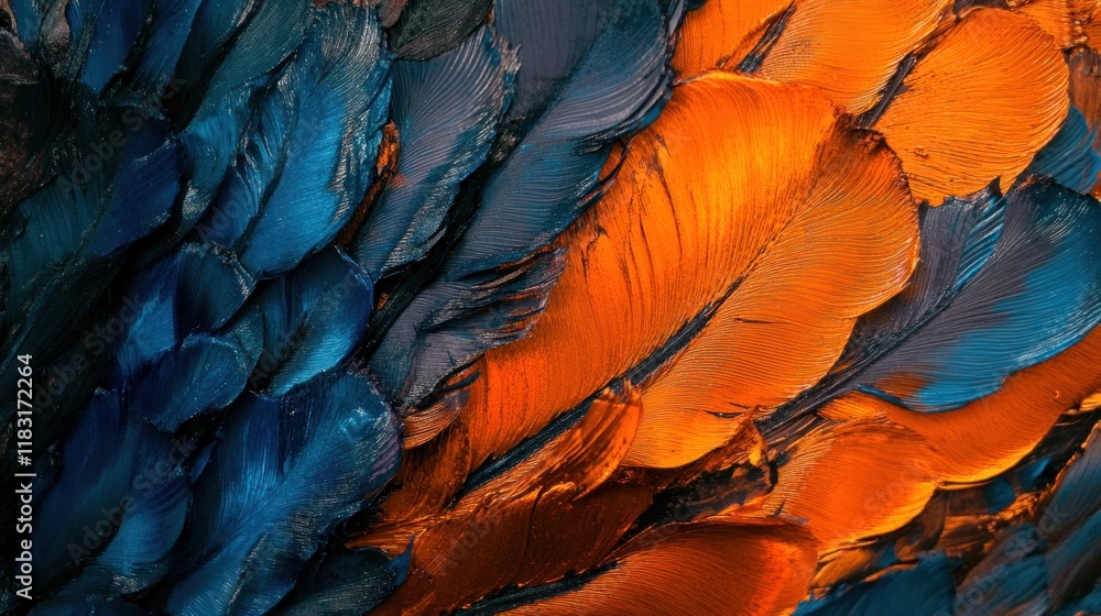 Fototapeta premium Detailed close-up of orange and blue feathers, their textures and colors blending beautifully to create a vibrant and harmonious composition