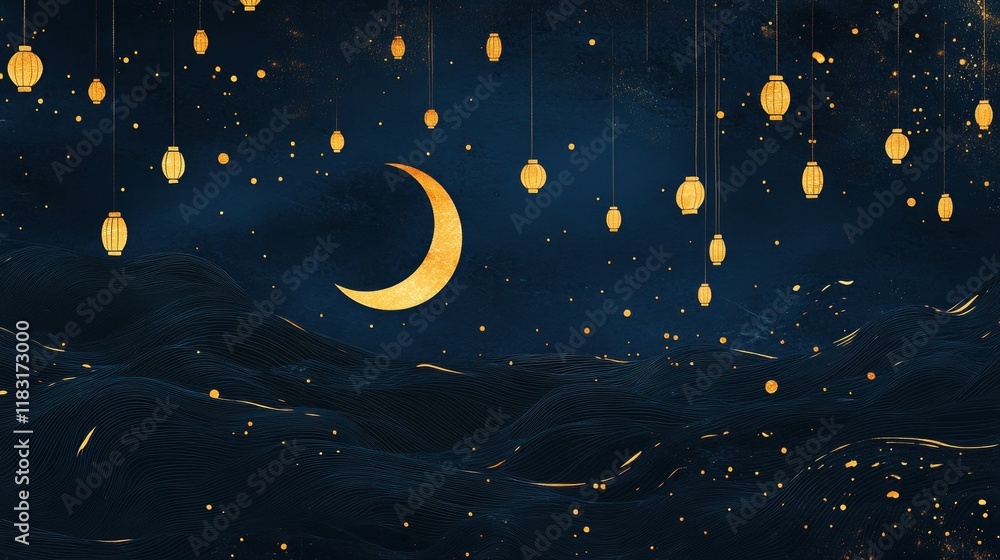 Naklejka premium Golden Lanterns Illuminate Night Sky Over Wavy Hills