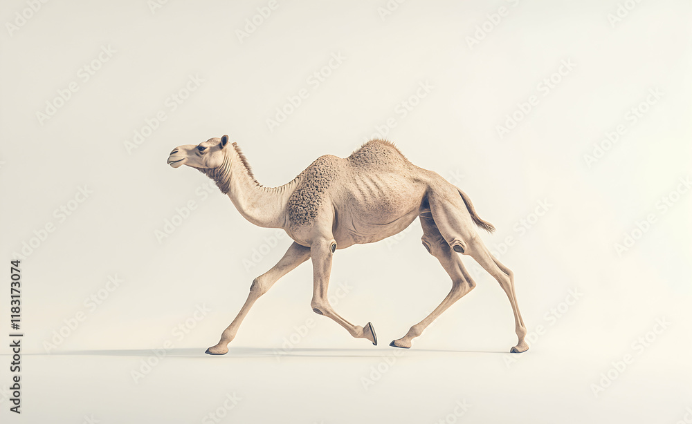 Fototapeta premium A Camel Running on a White Background: Minimalist Desert Animal Photography