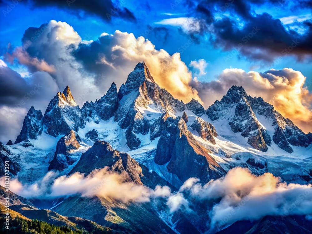 Obraz premium Majestic Snowy Mountain Peaks, Blue Sky, Clouds - Stunning Landscape Photography