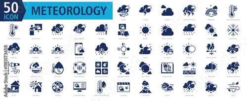 METEOROLOGY ICON SET With windy, storm, cloudy, thunderstorm, rainbow, low temperatures, hot temperature, forecaster, precipitation and low visibility