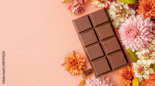Delicious chocolate bar surrounded by colorful flowers on soft background, creating warm and inviting atmosphere