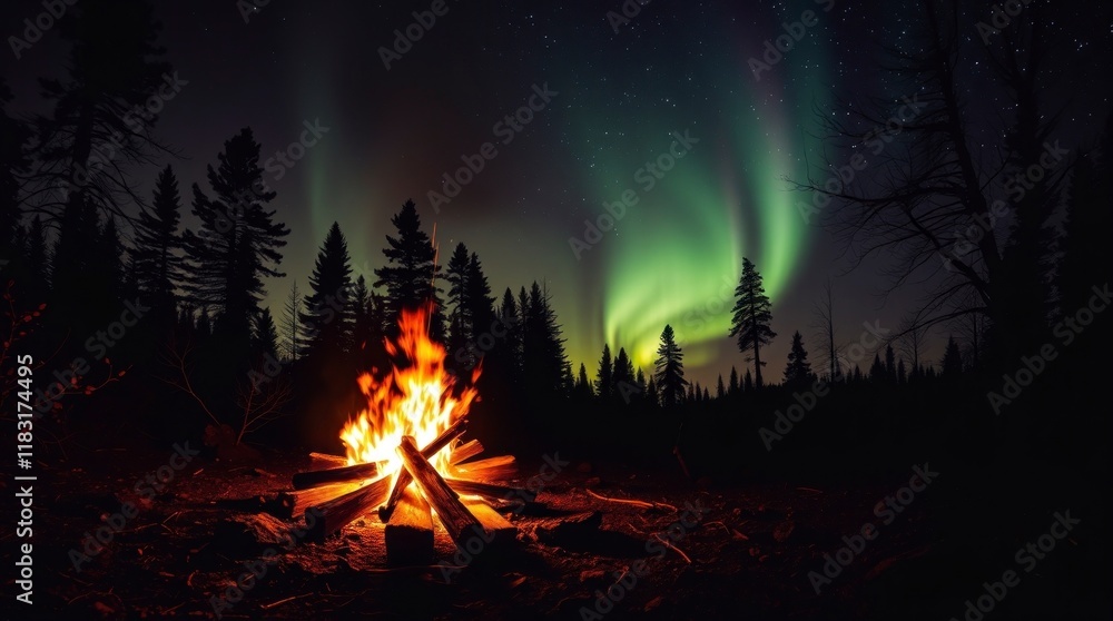 campfire in a wilderness setting, iridescent colors, strong hard light, direct harsh shadows, iridescent reflections, silhouetted trees, aurora borealis, stars campfire in a wilderness setting, iridescent colors, strong hard light, direct harsh shadows, iridescent reflections, silhouetted trees, aurora borealis, stars