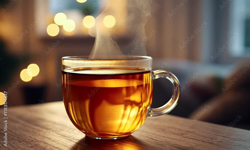 Warm steaming cup of tea on wooden table with blurred bokeh lights in background. Warm steaming cup of tea on wooden table with blurred bokeh lights in background.