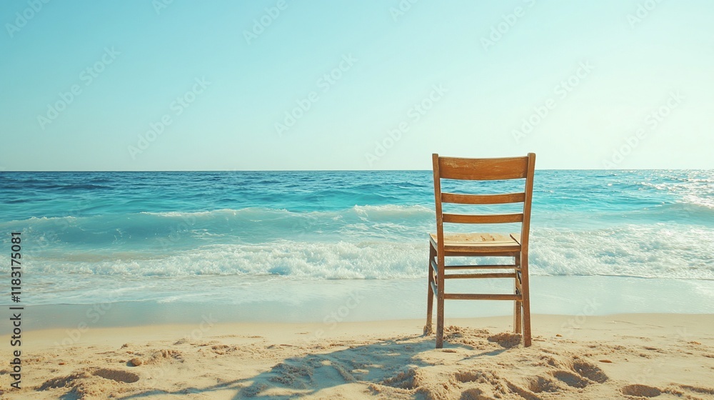 Beach chair solitude; ocean waves, summer. Relaxation, vacation Beach chair solitude; ocean waves, summer. Relaxation, vacation