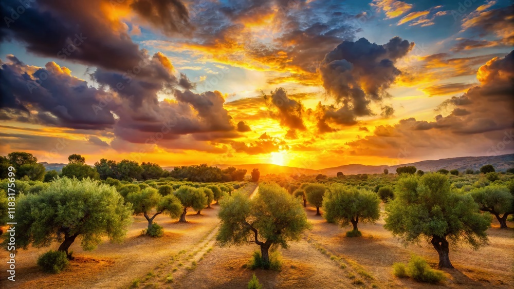 Majestic Sunset Over Olive Grove - Golden Hour Landscape Photography Majestic Sunset Over Olive Grove - Golden Hour Landscape Photography