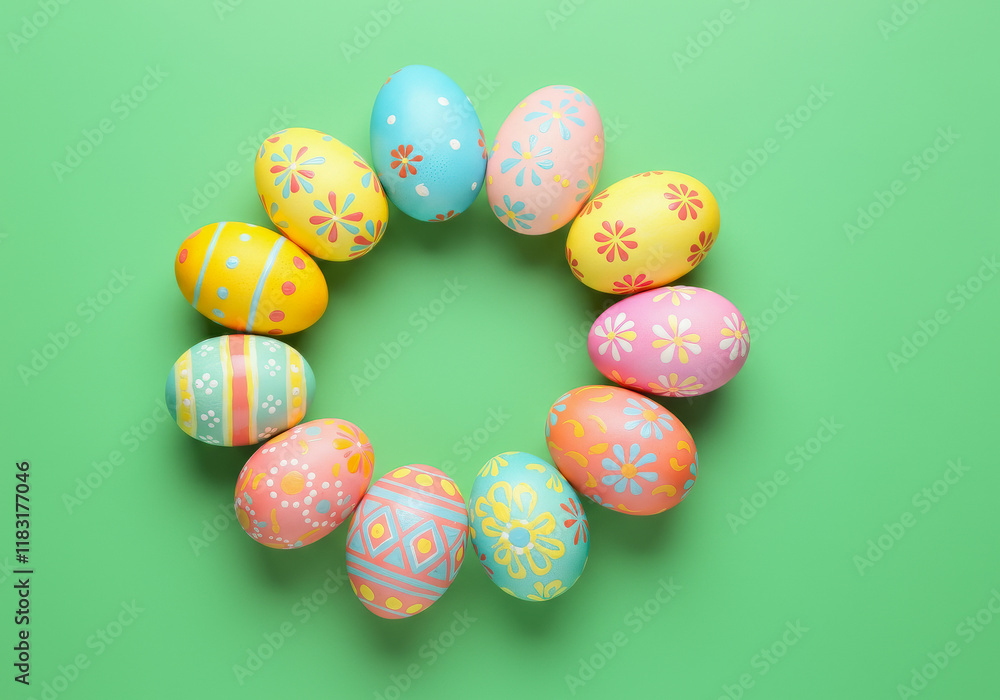 Colorful easter eggs arranged in a circle on green background.