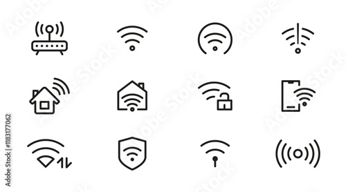 Wireless Wi-fi and network line icon set. Connection, Signal, Website, mobile, Wireless, Communication, Computer outline icon pack. UI thin line icon design