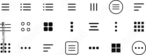 Hamburger web and mobile app menu icon set. Navigation bar with three horizontal bars, squares, dots and ellipsis. Template navigation, Icon, dropdown button web symbol. Vector illustration.