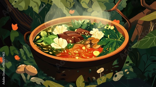 A bubbling hot pot with various ingredients like beef, mushrooms, and leafy greens, set in a beautiful dinner setting. photo