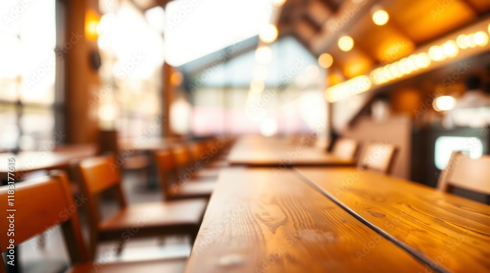 An artistic image featuring warm creative light art. The empty wooden table in a restaurant has an abstract bokeh background. The lighting creates abstract patterns An artistic image featuring warm creative light art. The empty wooden table in a restaurant has an abstract bokeh background. The lighting creates abstract patterns