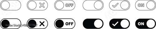 On and Off toggle switch buttons icon set. Switch buttons ON OFF isolated on transparent background. Power on and off slider switch icon. Modern web and mobile app switch button interface elements.
