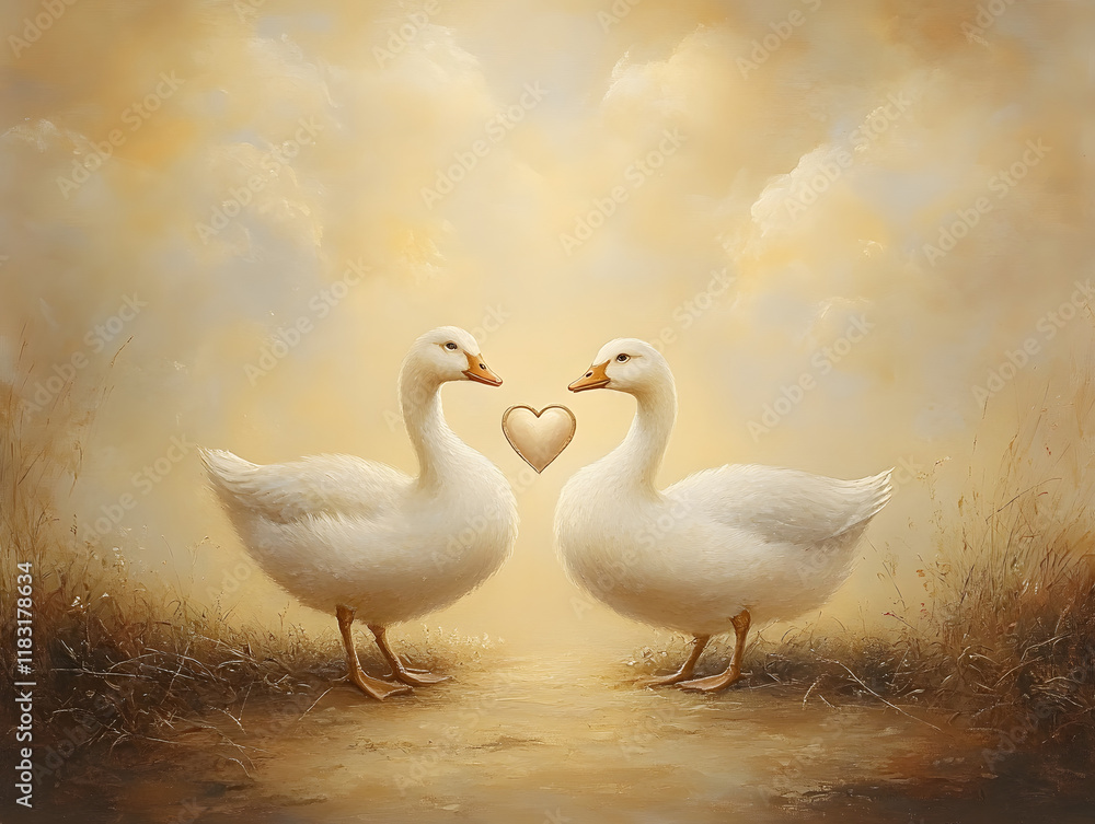 Obraz premium Two elegant white geese stand facing each other, forming heart shape with their necks against soft, dreamy background