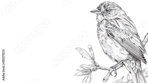 A line art of a bird perched on a branch, with detailed feather textures, isolated on white background photo