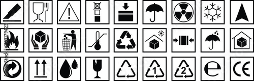 Handling and packing symbols icon set including fragile, recycle and caution signs. Packing symbol for cardboard boxes. Delivery shipping labels. Packaging signs isolated on transparent background.