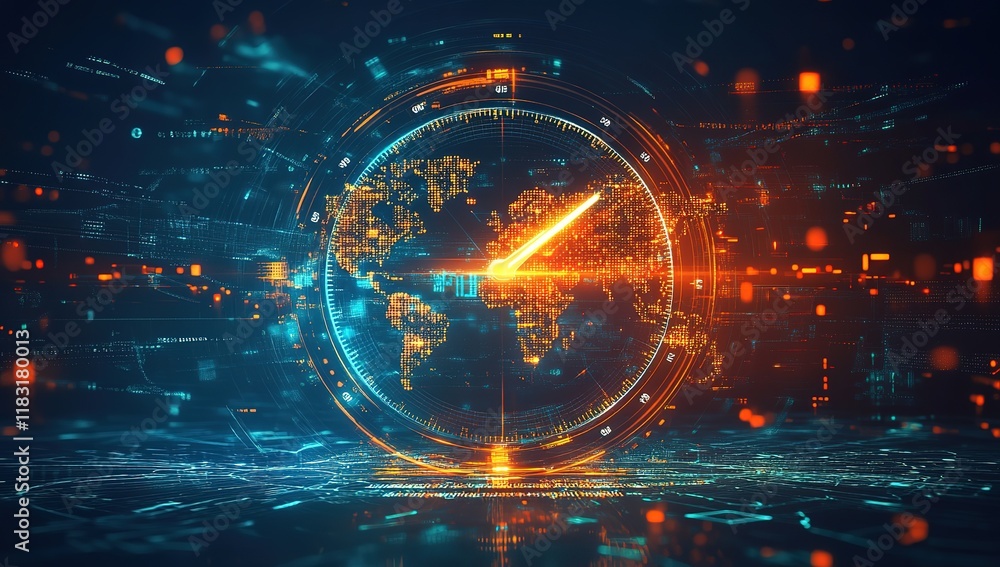 Obraz premium A futuristic clock with digital numbers and glowing lights, surrounded by holographic images of world maps and data streams. The background is dark blue with orange highlights.