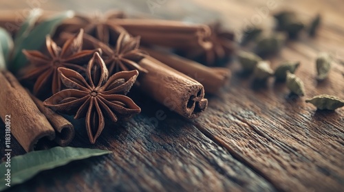 A close-up shot of aromatic whole spices like cinnamon sticks, star anise, and cardamom pods on a rustic wooden surface. photo