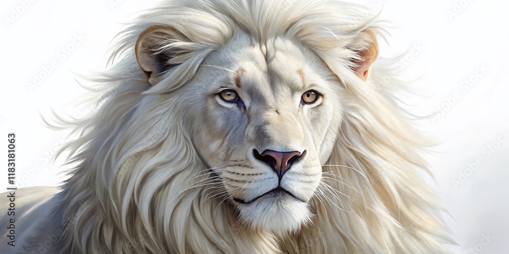 Majestic White Lion Painting, Pure White Background, Wildlife Art, Elegant Animal Portrait