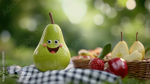 Cheerful nature animation giggling pear enjoys a playful picnic
