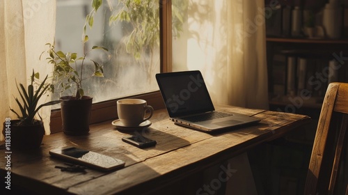 Wallpaper Mural A close-up shot of a wooden desk with a laptop, smartphone, and a coffee cup, with natural light streaming through the window. Torontodigital.ca