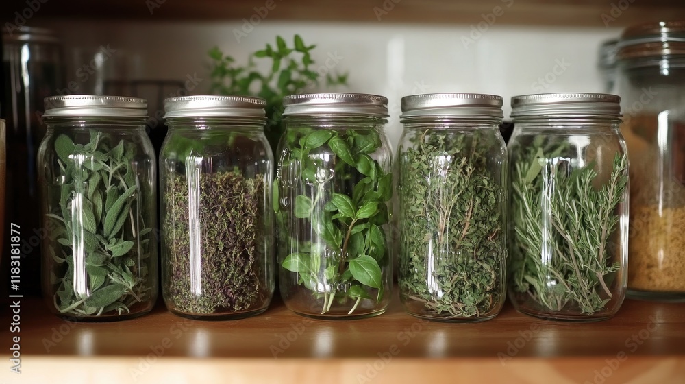 A collection of dried herbs like oregano, basil, and thyme in glass jars, placed on a wooden kitchen shelf. A collection of dried herbs like oregano, basil, and thyme in glass jars, placed on a wooden kitchen shelf.