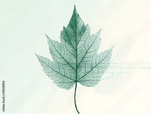 A graceful and detailed illustration of a single leaf, its veins delicately outlined in fine lines, showcasing its natural symmetry. The leaf is vibrant green, with soft gradients that emphasize its d photo