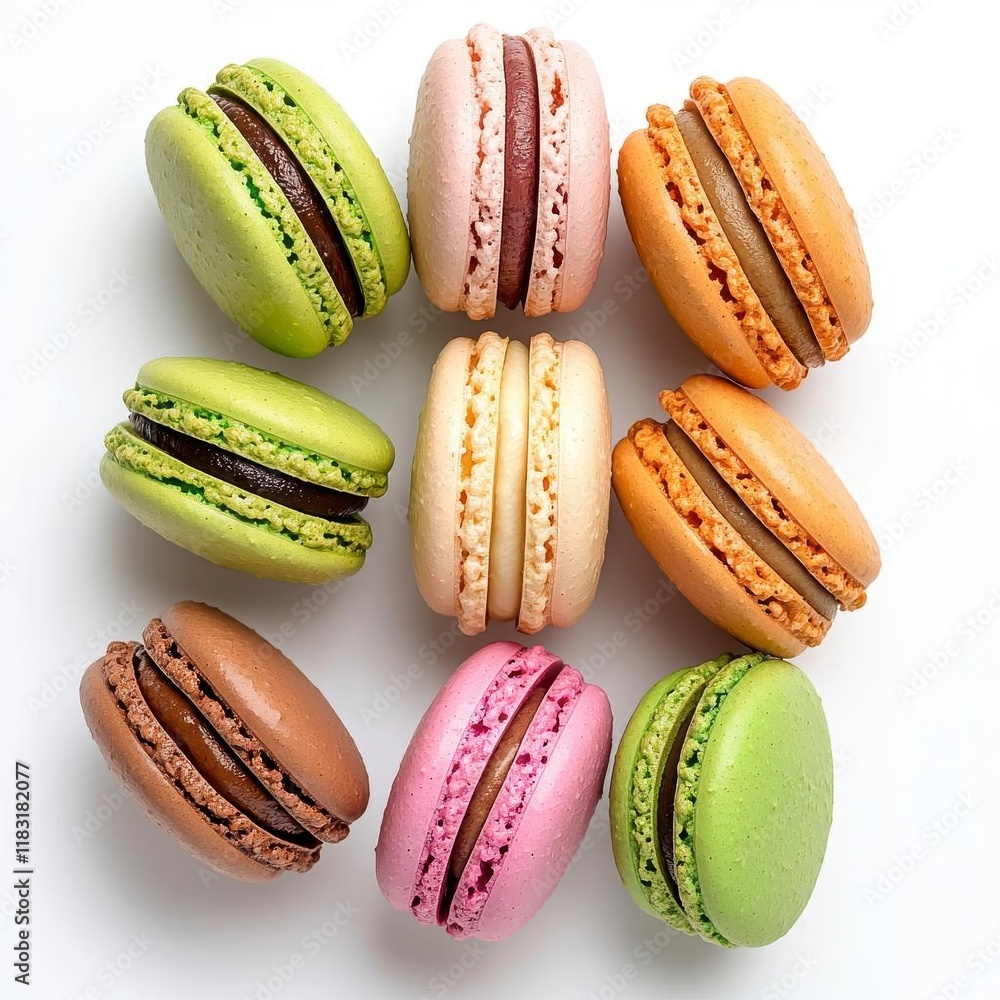 A photostock of colorful macarons with pastel hues, neatly arranged on a clean white surface, symbolizing luxury desserts and elegance. High Quality A photostock of colorful macarons with pastel hues, neatly arranged on a clean white surface, symbolizing luxury desserts and elegance. High Quality