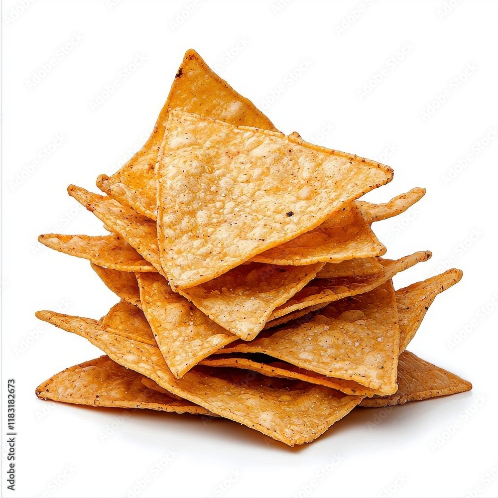 A photostock of crispy nachos stacked in triangular shapes on a clean white surface, perfect for snack and food-related themes. High Quality A photostock of crispy nachos stacked in triangular shapes on a clean white surface, perfect for snack and food-related themes. High Quality