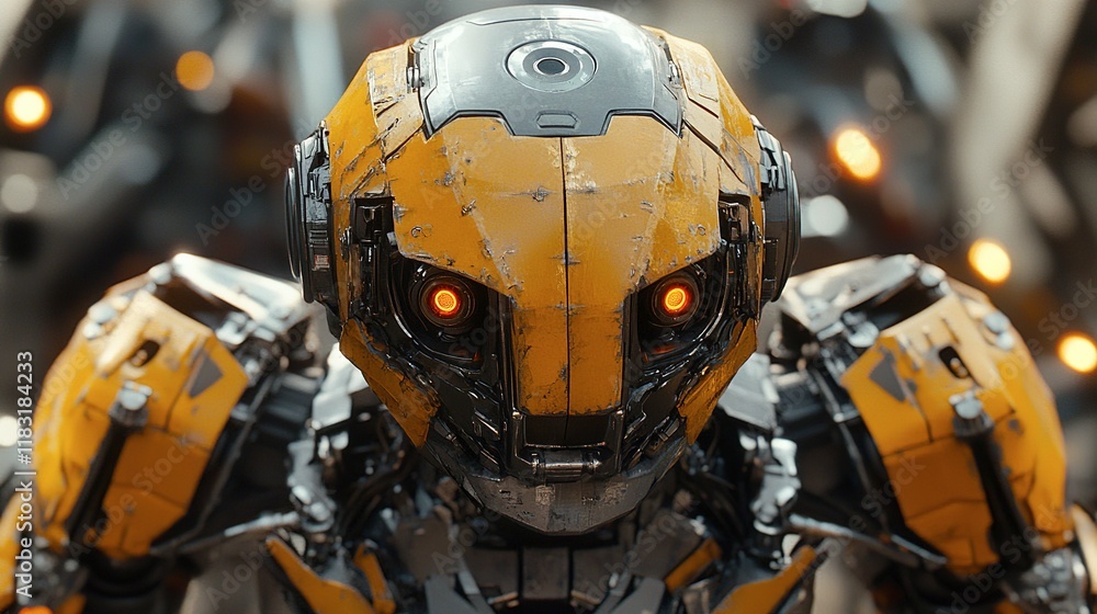 Damaged Yellow Robot Stands Among Motorcycles Damaged Yellow Robot Stands Among Motorcycles