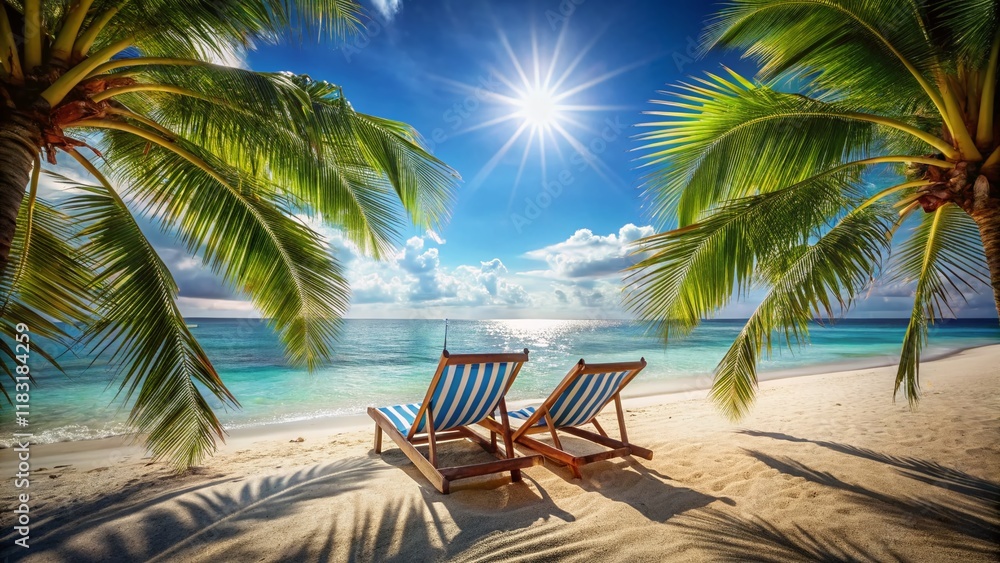 Maldives Beach: Relaxing Deck Chairs Under Palm Tree, Coral Sand, Glittering Light Maldives Beach: Relaxing Deck Chairs Under Palm Tree, Coral Sand, Glittering Light