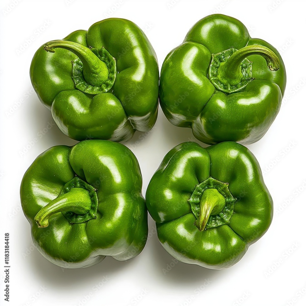 A photostock of fresh green bell peppers, neatly arranged on a clean white background, symbolizing freshness and healthy living. High Quality A photostock of fresh green bell peppers, neatly arranged on a clean white background, symbolizing freshness and healthy living. High Quality
