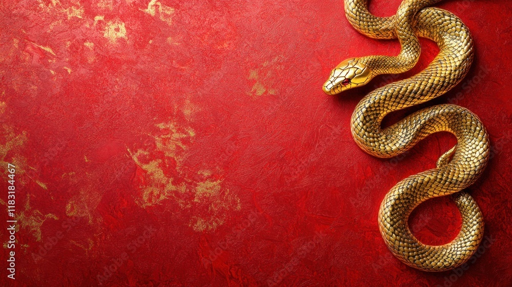 Luxurious Chinese New Year theme featuring a golden snake winding across a red textured background, with ample copy space for text Luxurious Chinese New Year theme featuring a golden snake winding across a red textured background, with ample copy space for text