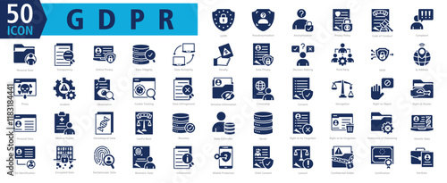 GDPR ICON SET With Pseudonymisation, Anonymization, Privacy Policy, Code of Conduct, Complaint, Personal Data, Transparency, Online Privacy, Data Integrity and Data Portability