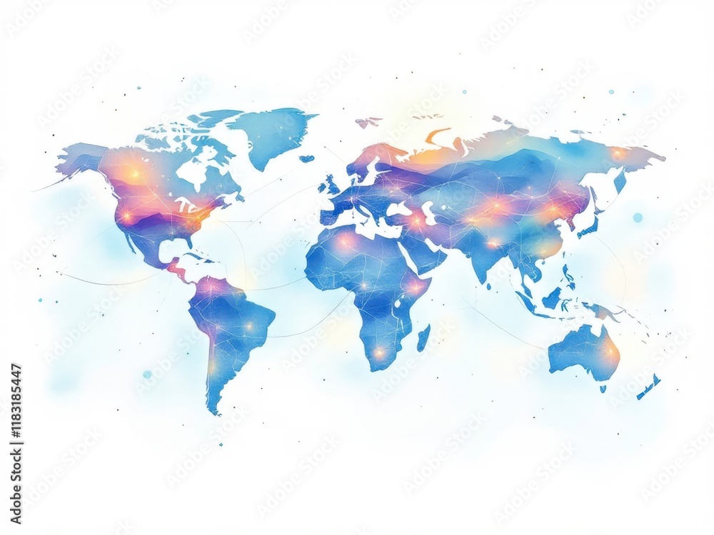 Fototapeta premium Abstract digital world map with glowing connections in blue and orange