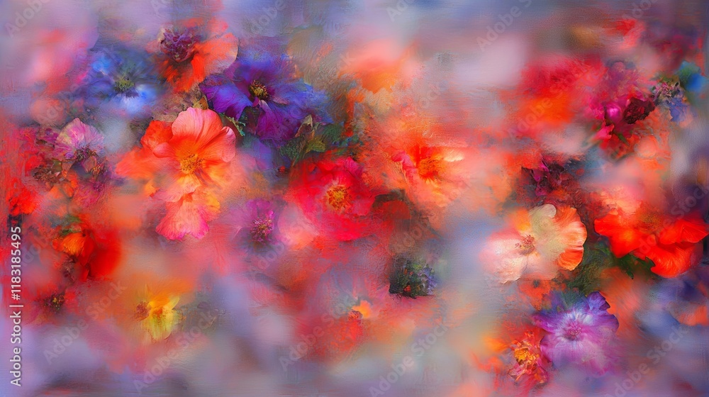 Vibrant Floral Abstract Painting, Red Orange Purple Blooms