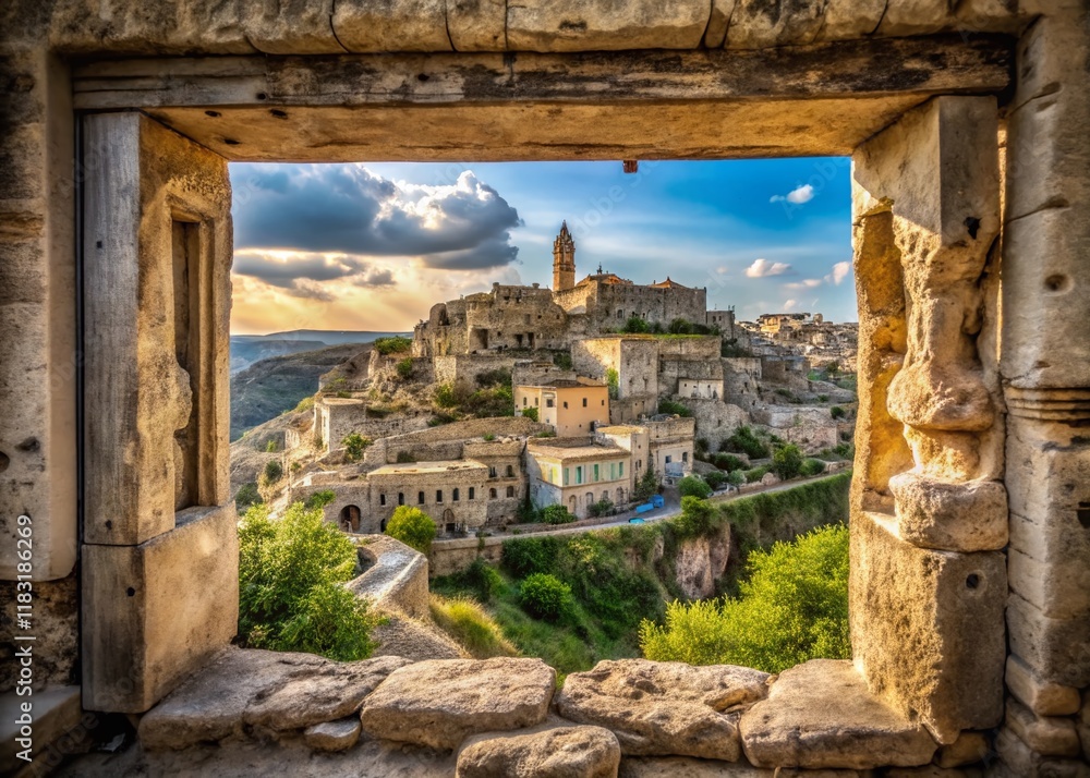 Fototapeta premium Matera, Italy: Sasso Caveoso View Framed by a Rustic Window - Stunning Basilicata Landscape Photography