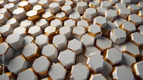 White relief hexagons with golden scuffs Generative AI photo