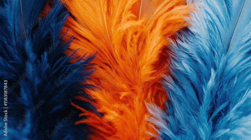 Orange and blue feathers placed side by side in a vibrant close-up, their contrasting colors forming a harmonious and eye-catching visual Orange and blue feathers placed side by side in a vibrant close-up, their contrasting colors forming a harmonious and eye-catching visual