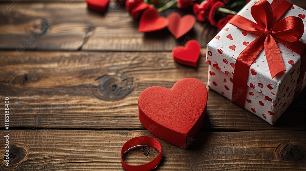 Valentine's Day. heart felt and decor on wooden background Valentine's Day. heart felt and decor on wooden background