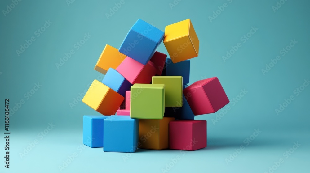 Colorful Cubes Abstract Composition: A vibrant 3D rendering of multicolored blocks playfully piled together, suggesting concepts of creativity, design, and dynamic energy. Colorful Cubes Abstract Composition: A vibrant 3D rendering of multicolored blocks playfully piled together, suggesting concepts of creativity, design, and dynamic energy.
